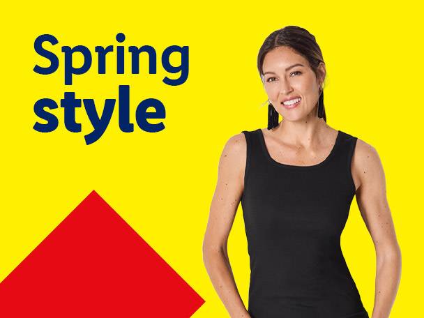 Woman in black tank top, with text 'Spring style' and a red triangle.
