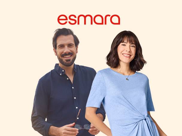 Smiling man and woman in casual wear, with a red logo above them.