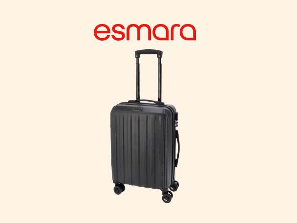 Black hard-shell carry-on suitcase with an extendable handle and four wheels.
