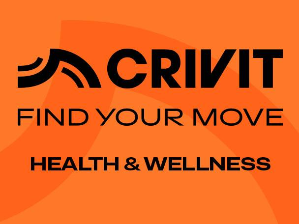 Orange background with black text: 'CRIVIT FIND YOUR MOVE HEALTH & WELLNESS'