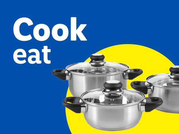 Stainless steel pots with glass lids on a blue and yellow background, with text 'Cook eat'.