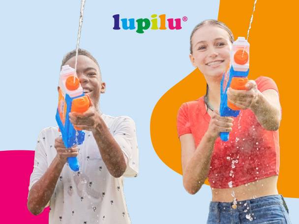 Two children playing with water guns, smiling and getting wet, with a colorful background.