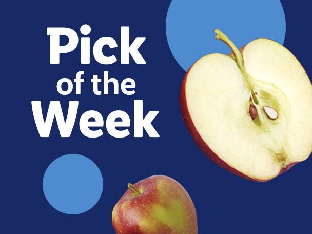 Text 'Pick of the Week' with two apples on a blue background.