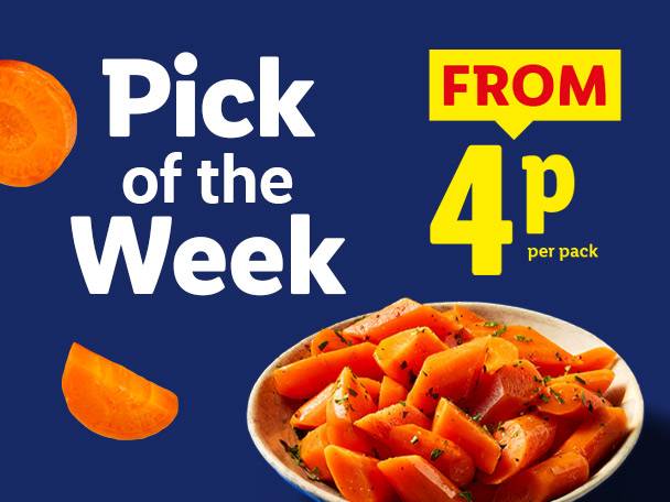 A blue background with text 'Pick of the Week' and 'FROM 4p per pack', featuring carrots.
