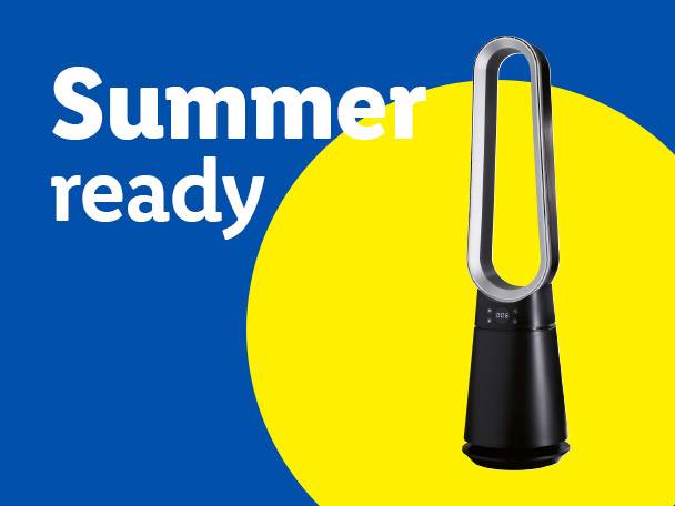 A black and silver bladeless fan on a yellow circle, with 'Summer ready' text on a blue background.