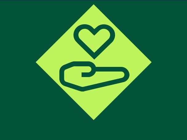A green diamond with a hand holding a heart, symbolizing care or giving.
