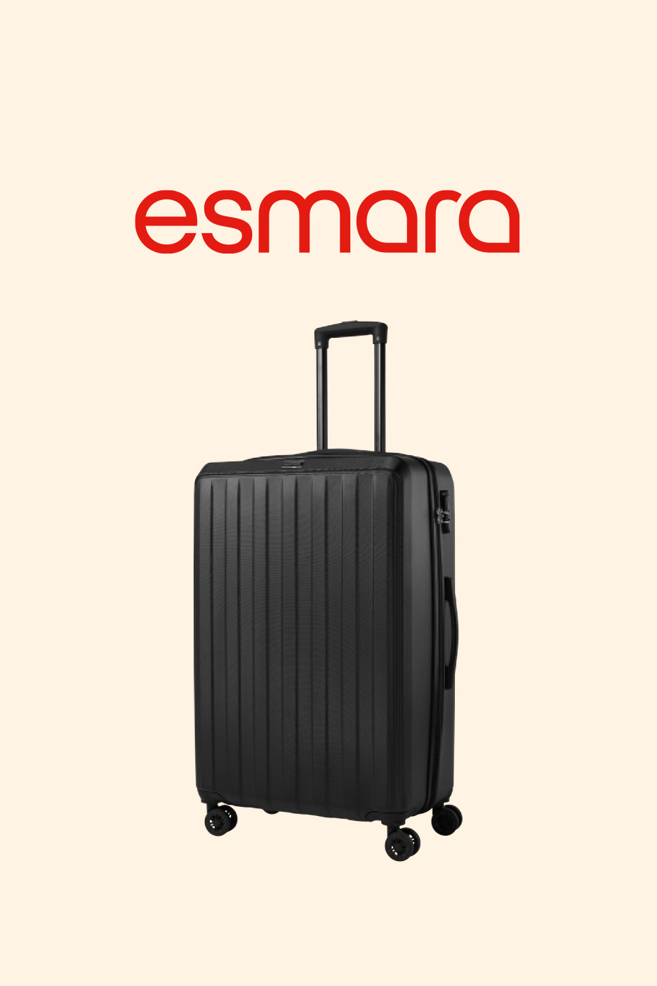 Black hard-shell suitcase with an extendable handle and four wheels.