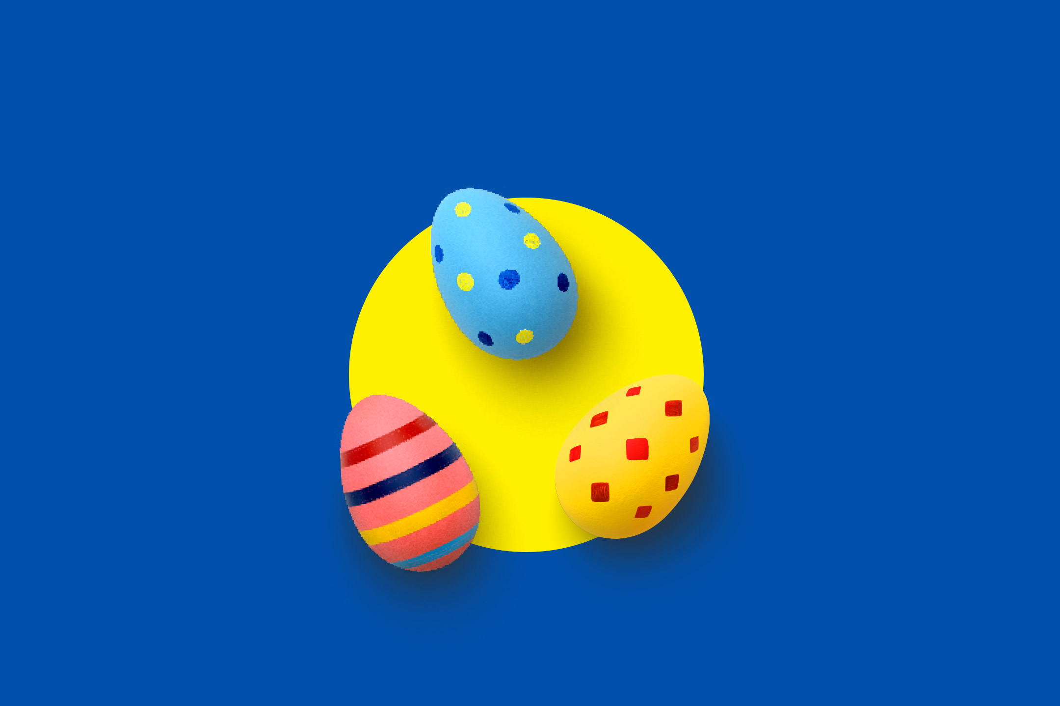 Three colorful Easter eggs with patterns on a yellow circle against a blue background.