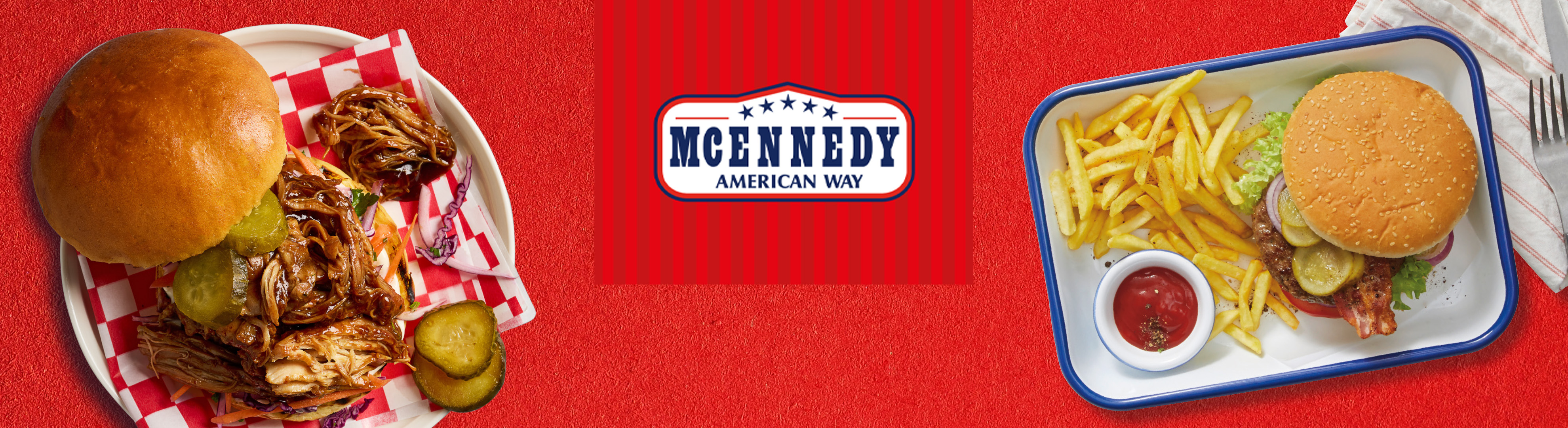 Pulled pork sandwich and a burger with fries and ketchup, on a red background with a logo.