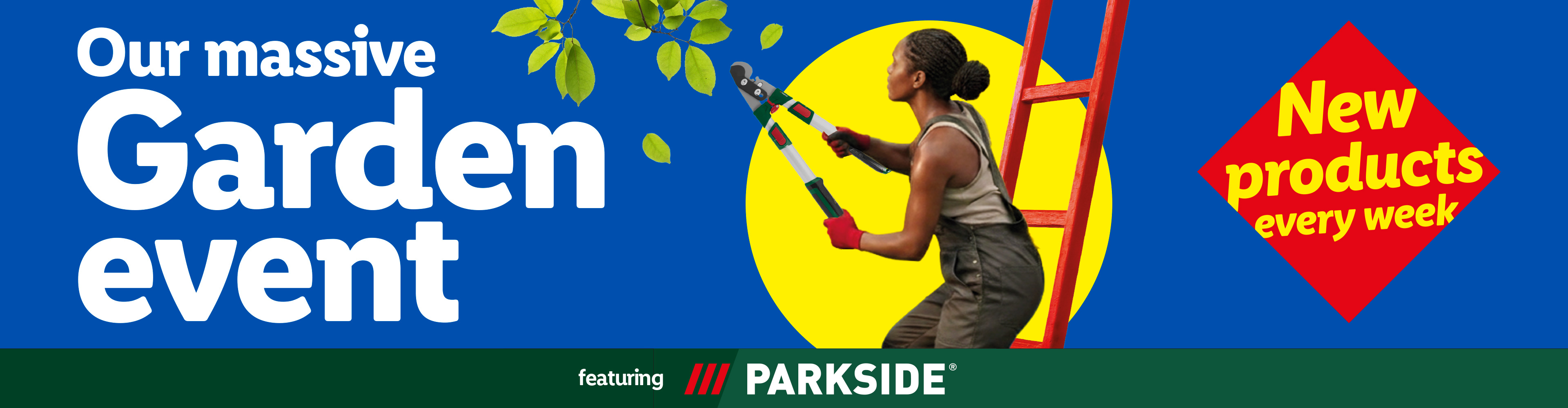 Woman pruning with large shears, red ladder, and text about a massive garden event.