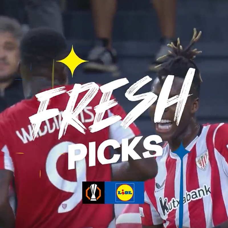 Football players in red and white jerseys with 'FRESH PICKS' text and Lidl logo.