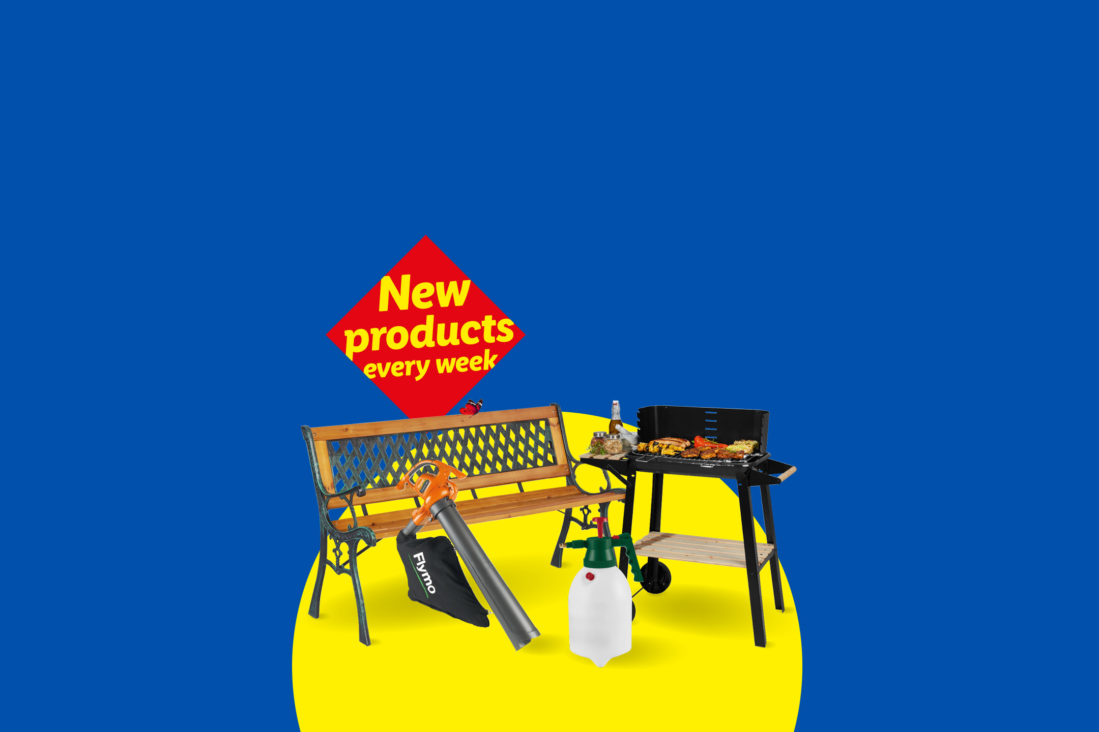 Garden bench, leaf blower, barbecue grill, and sprayer on a yellow and blue background with 'New products every week' text.