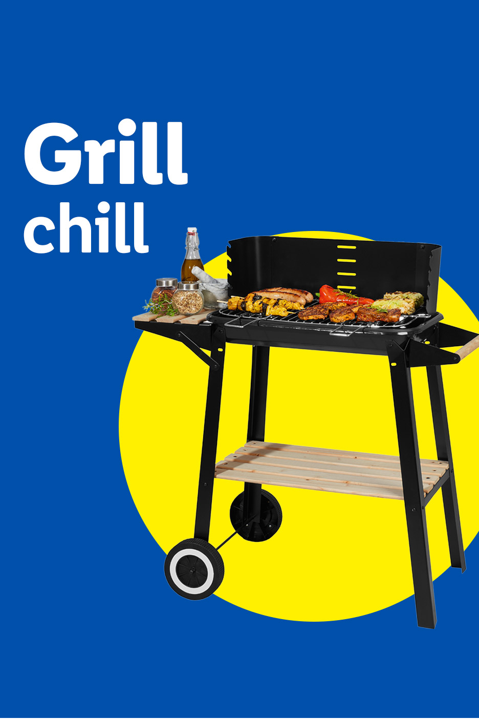 Black barbecue grill with food on a blue and yellow background, text reads 'Grill chill'