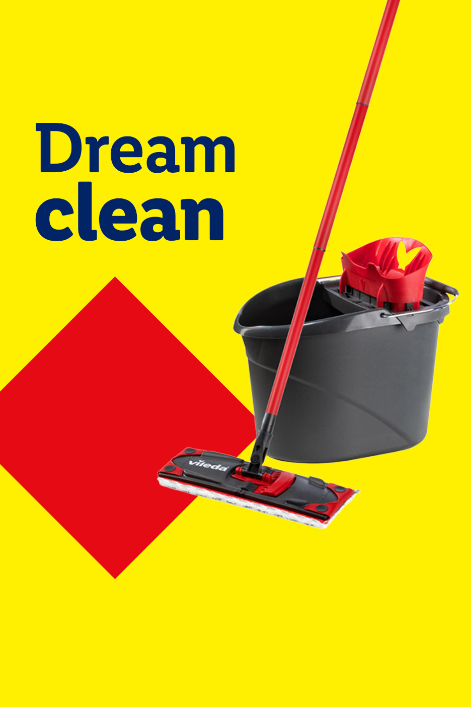 Red mop and grey bucket on a yellow background with the text 'Dream clean'.
