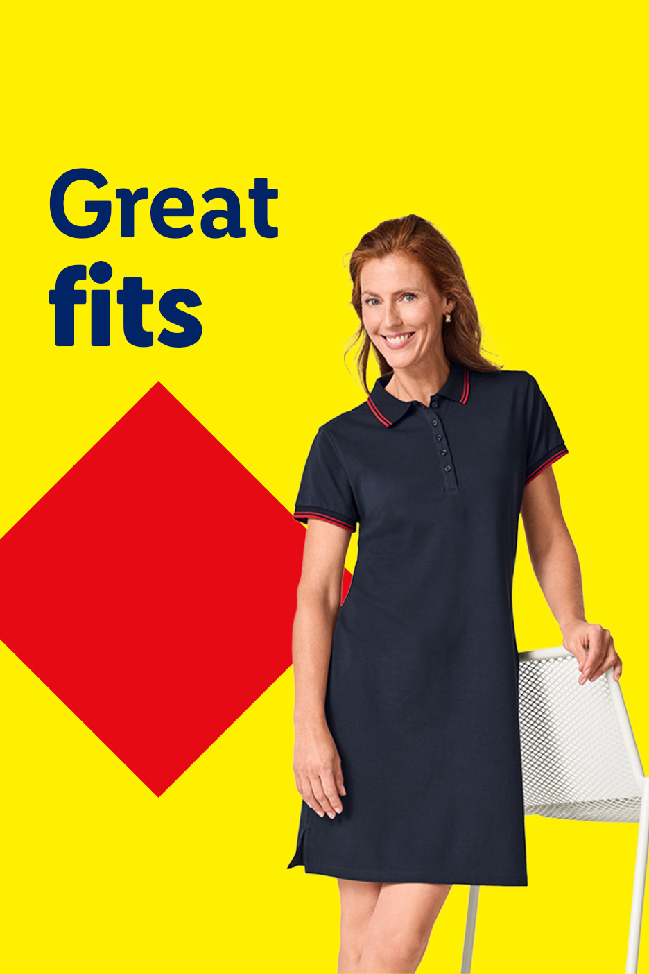 Woman in a navy polo dress with red trim, smiling, with text 'Great fits' on a yellow background.