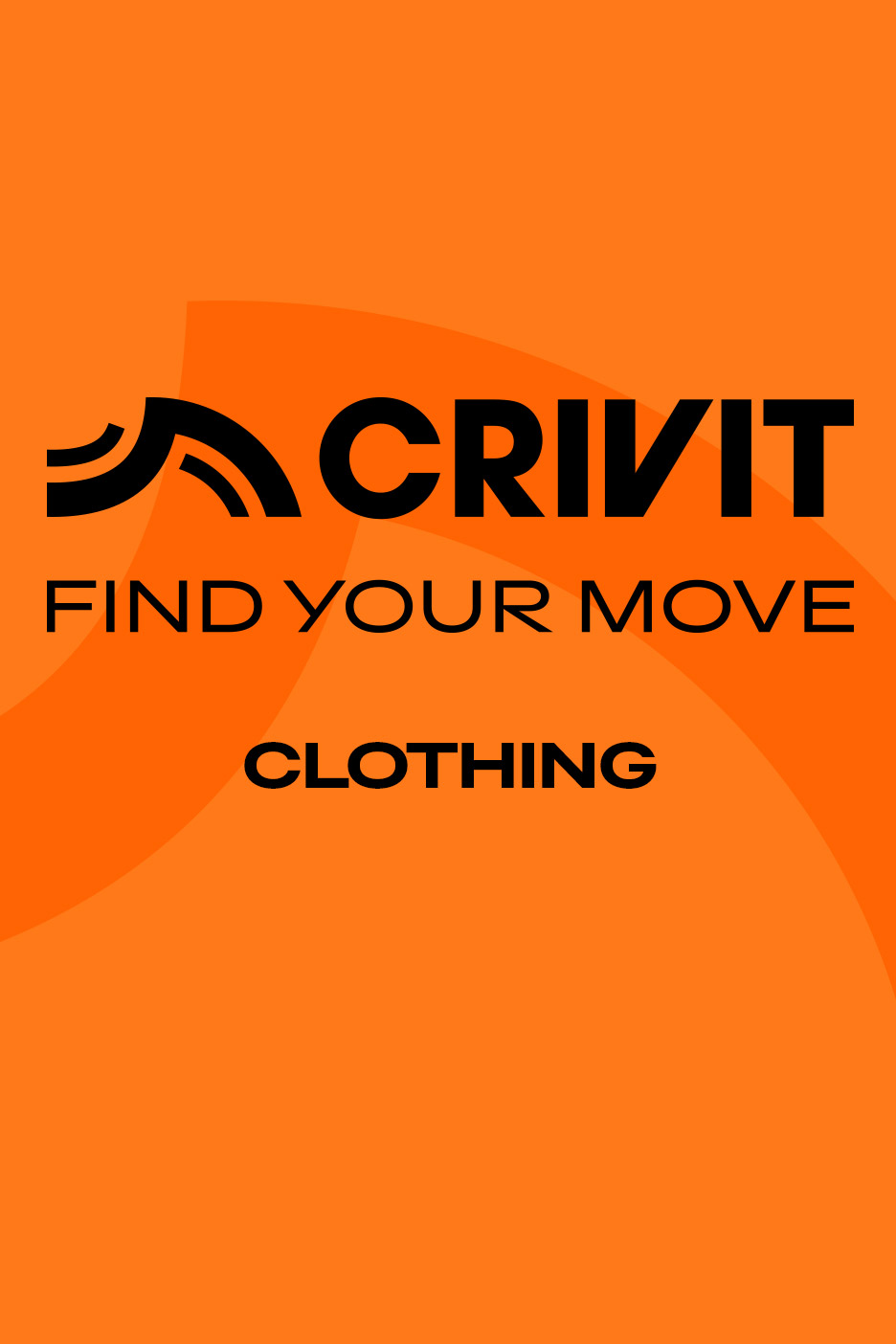 Orange background with black text: 'FIND YOUR MOVE CLOTHING' and a stylized logo.