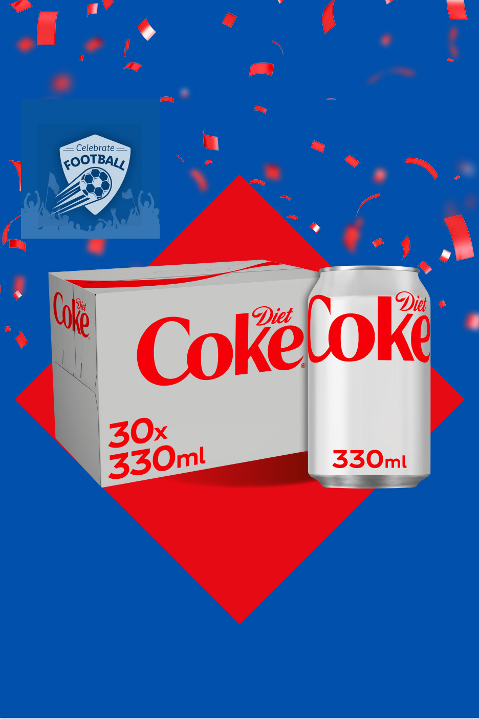 Diet cola 30-pack and single can, with a 'Celebrate Football' logo and confetti.