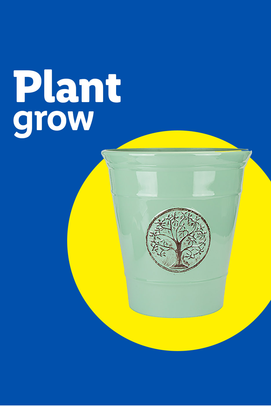 Light green plant pot with a tree design on a blue and yellow background, with text 'Plant grow'.