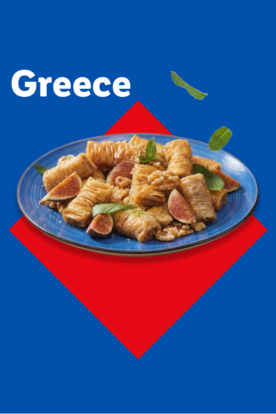 Greece: Baklava with figs, walnuts, and mint on a blue plate, against a blue and red background.