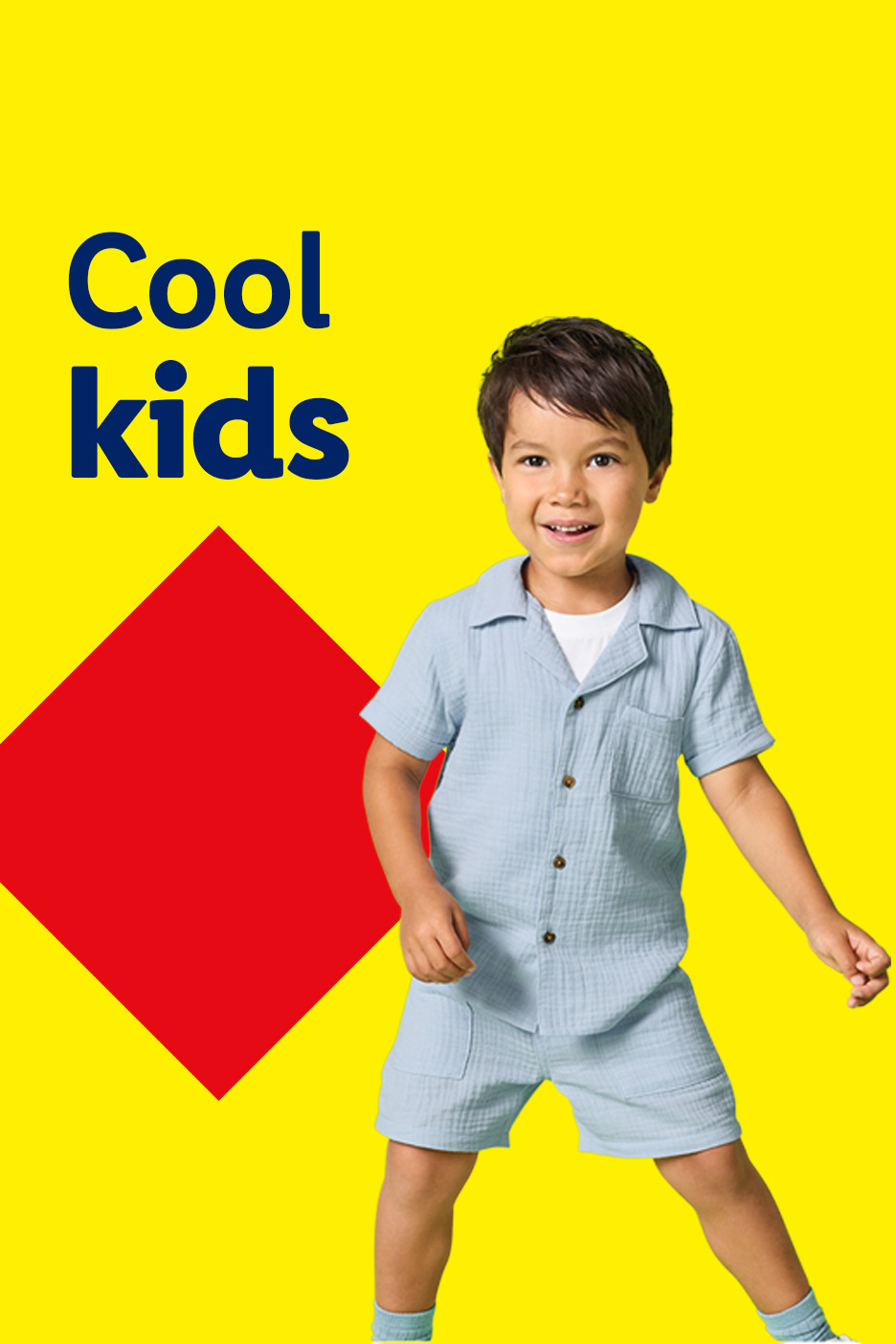 Cool kids' light blue shirt and shorts set on a yellow background with a red diamond.