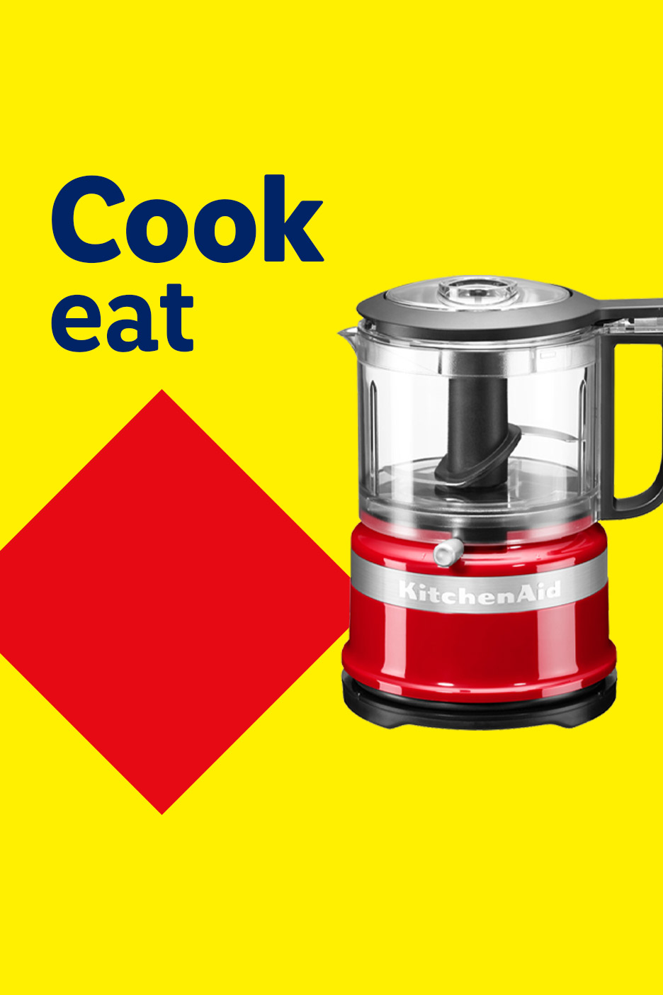 Red food processor on a yellow background with text 'Cook eat' and a red diamond shape.