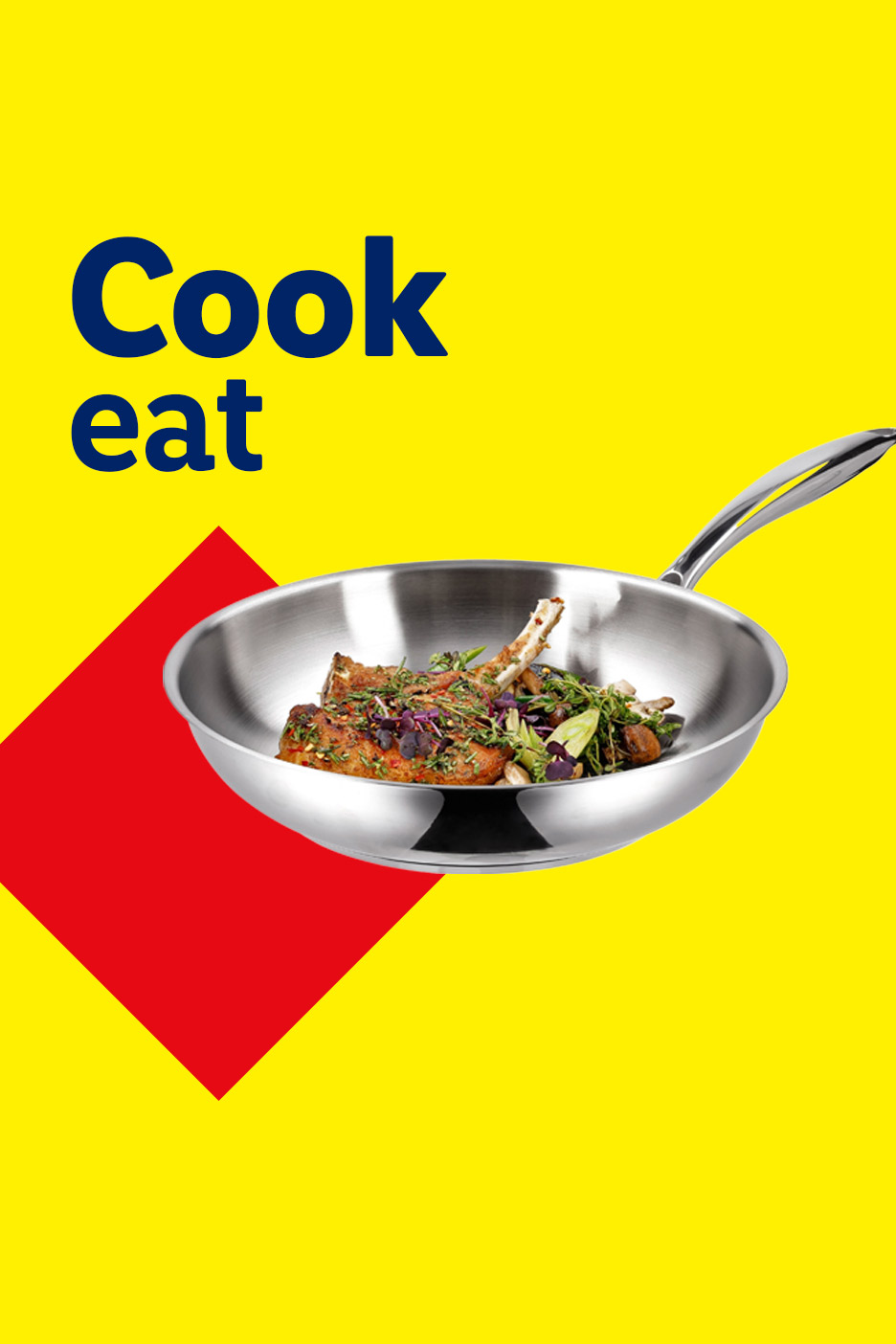 A stainless steel pan with cooked lamb chops and vegetables, with text 'Cook eat' on a yellow and red background.