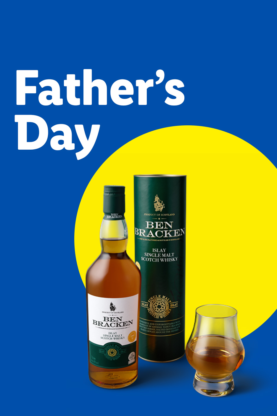 Father's Day promotion featuring a bottle of Islay single malt Scotch whisky, its gift box, and a glass of whisky.