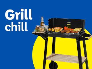 Black barbecue grill with food, beer, and spices, with 'Grill chill' text.