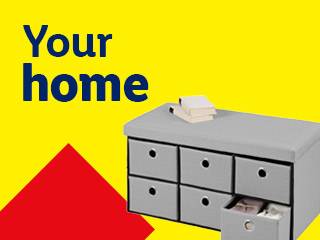 Grey storage bench with drawers and text 'Your home' on a yellow background.