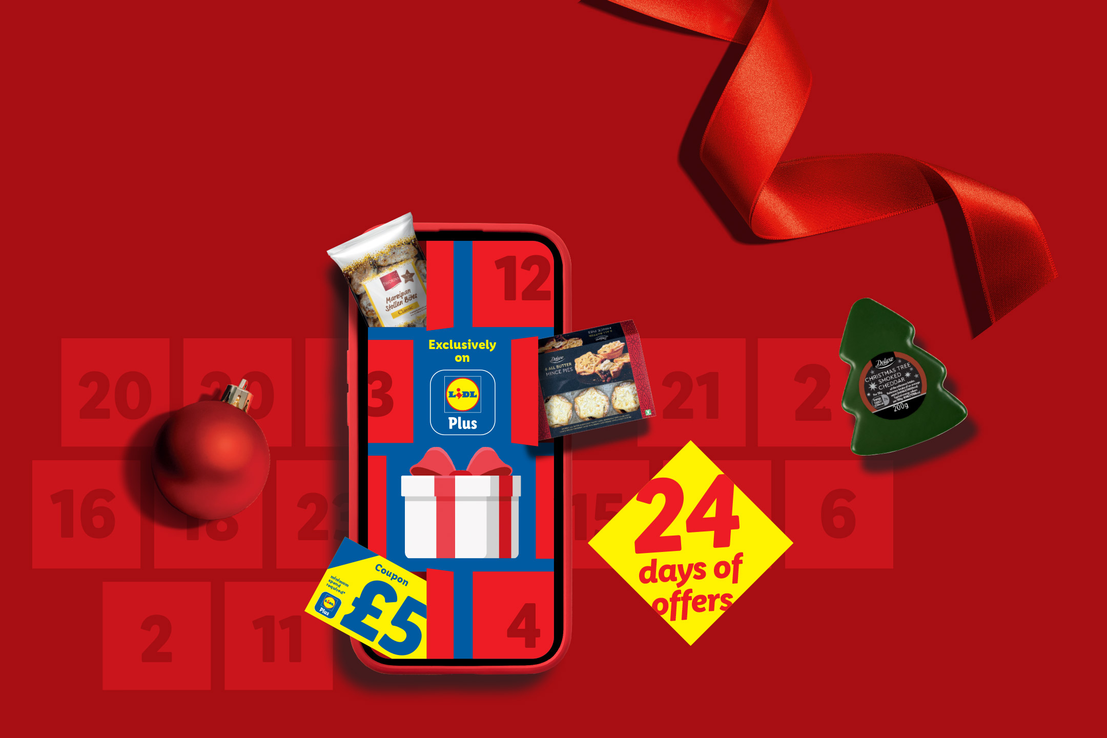 Lidl Plus app with Christmas offers, including Marzipan Stollen Bites, Mince Pies, and Christmas Tree Smoked Cheddar.
