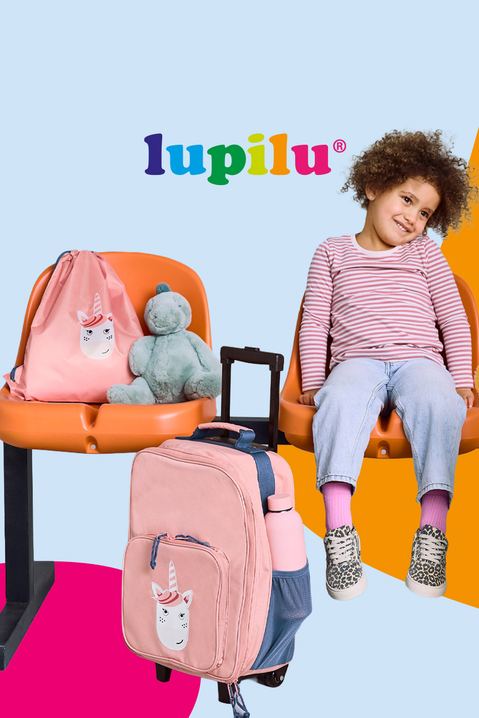 Child with unicorn backpack, drawstring bag, and plush toy on orange seats.