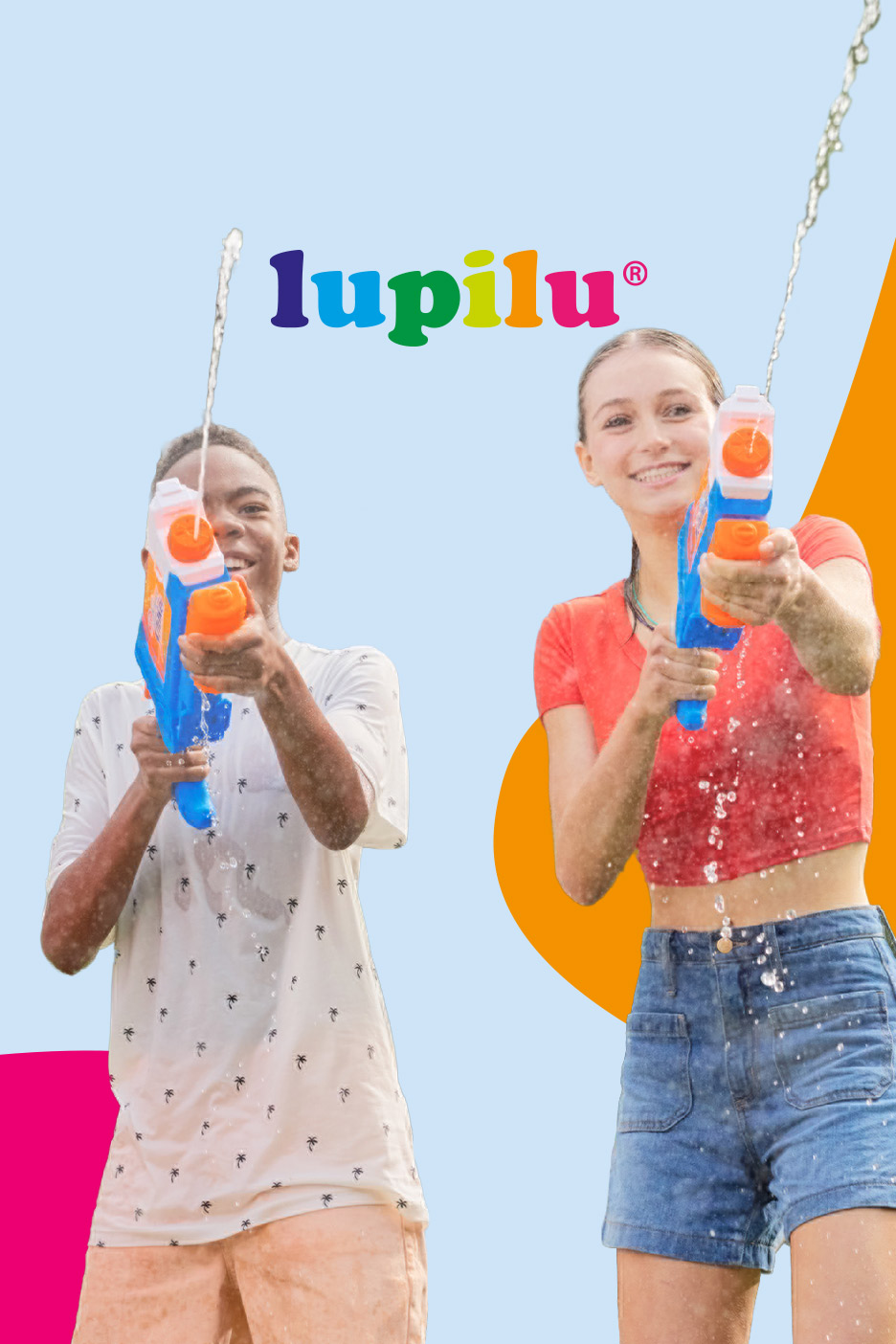 Two children playing with water guns, smiling and getting wet.