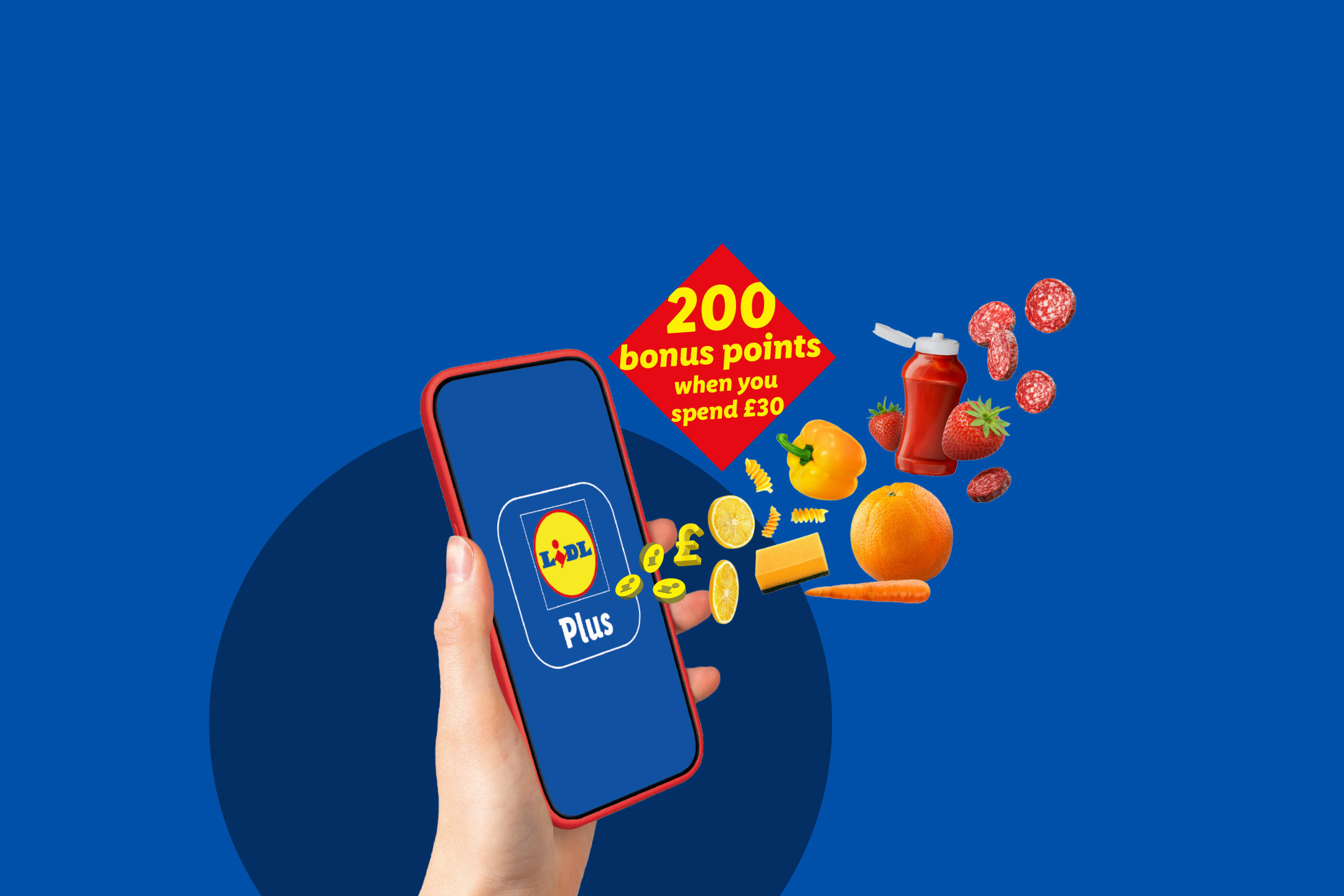 Hand holding a smartphone with a loyalty app, surrounded by groceries and a '200 bonus points' offer.