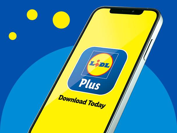 A smartphone displaying the Lidl Plus app, with yellow circles on a blue background.