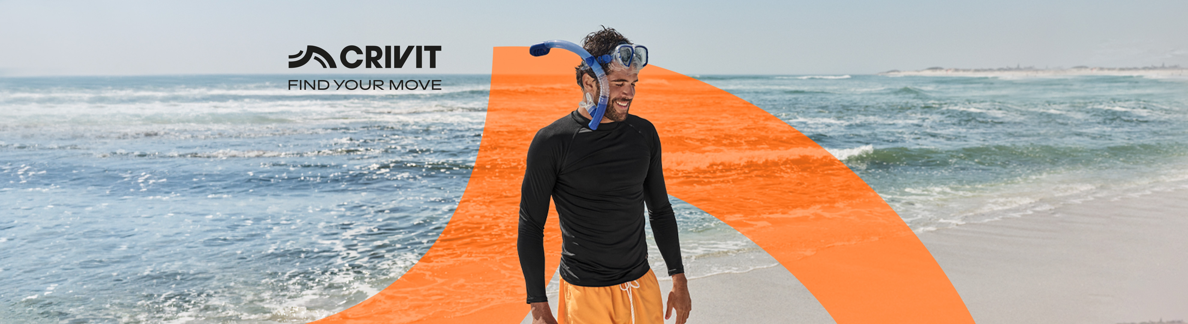 Man in a black long-sleeve swim shirt and orange shorts with a snorkel and mask on a beach, with the text 'FIND YOUR MOVE'.