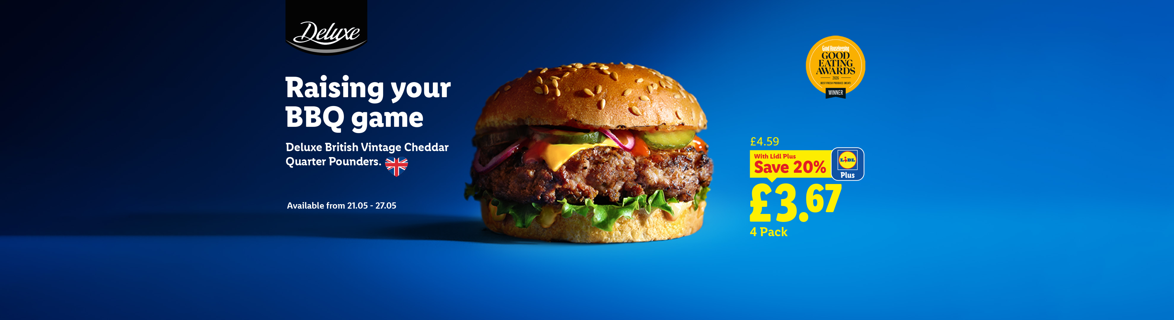 A burger with cheese, lettuce, and pickles, next to text promoting 'Raising your BBQ game' with Quarter Pounders, priced at £3.67 with a 20% saving.