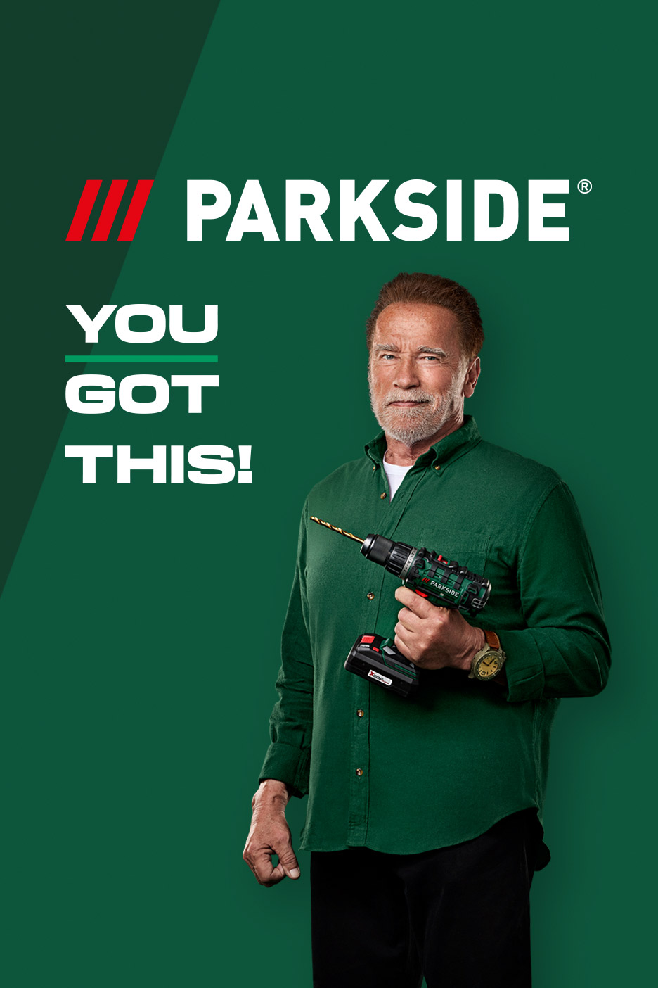 Arnold Schwarzenegger holding a cordless drill, with text 'YOU GOT THIS!' on a green background.