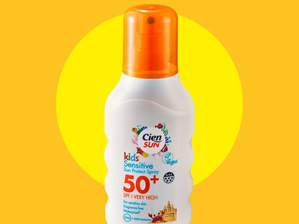 Kids sensitive sun protect spray with SPF 50+ for very high protection.
