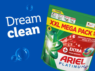 Ariel Platinum XXL Mega Pack detergent promises dream clean results, removing even dried-in stains.