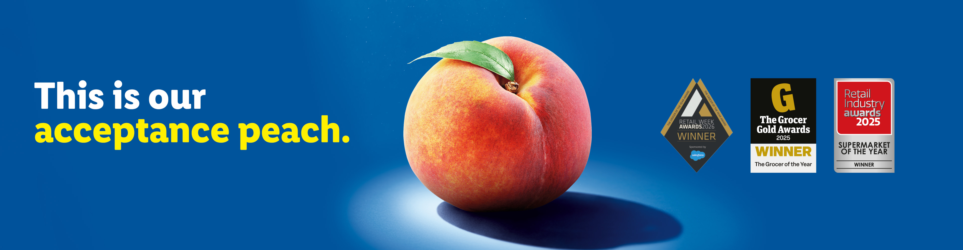 A peach with a leaf on a blue background, next to text that reads 'This is our acceptance peach.' and three award badges.