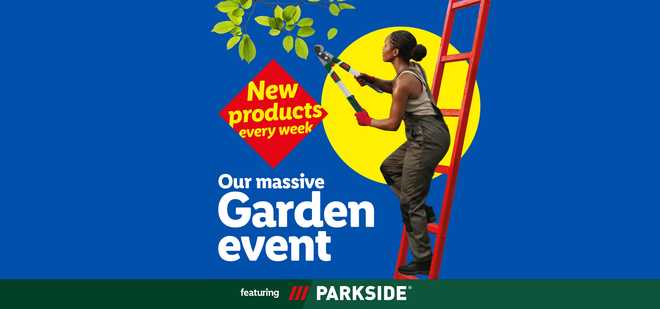Garden event banner with a woman pruning, featuring new products every week.