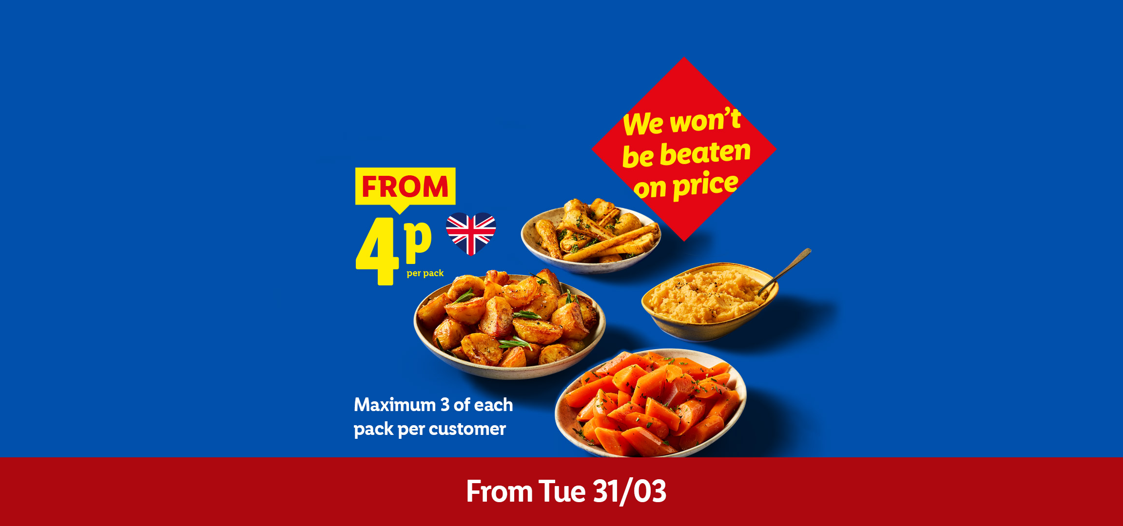 Bowls of roasted potatoes, parsnips, carrots, and mashed vegetables, with a price of 4p per pack and a 'We won't be beaten on price' guarantee.
