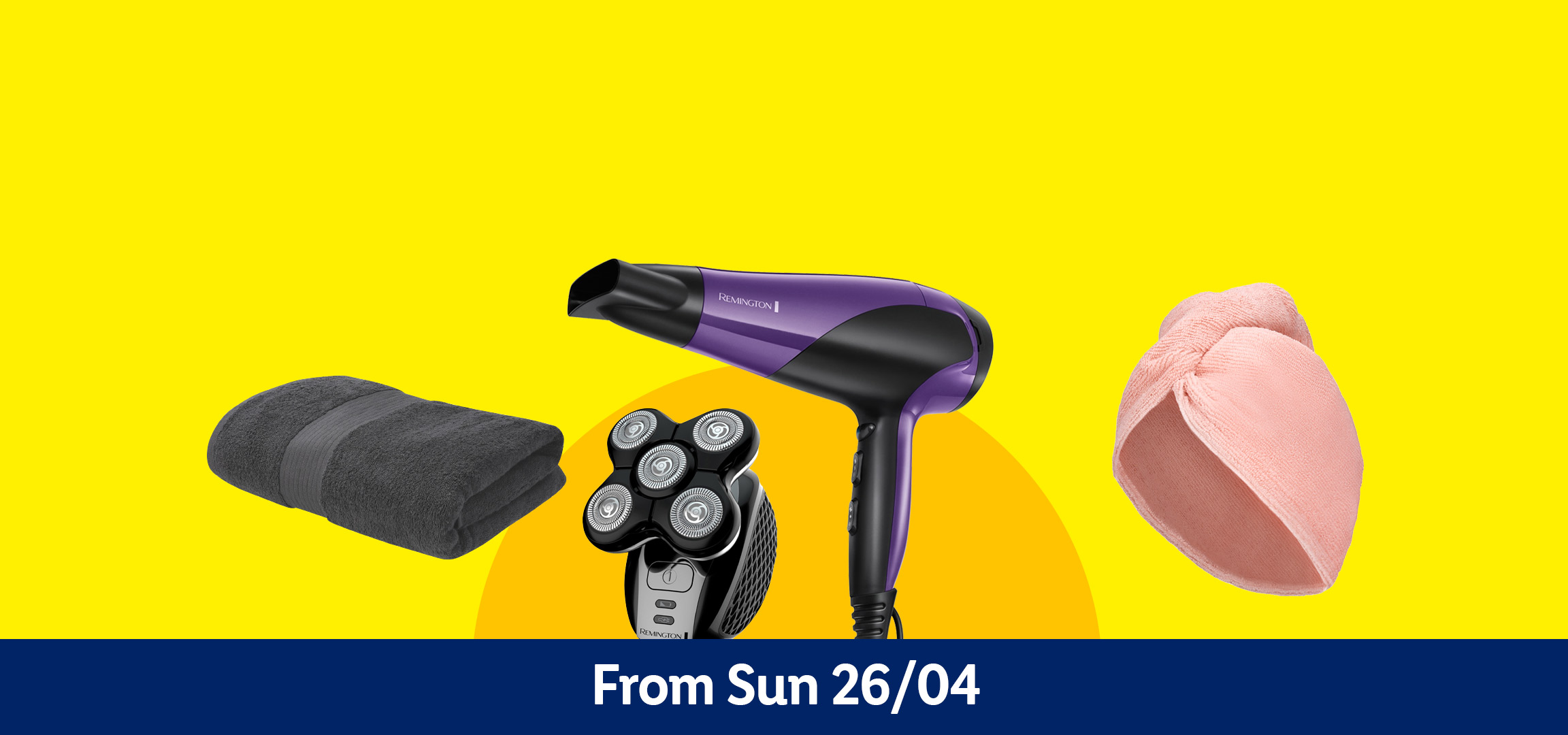 Hair turban, electric shaver, hairdryer, and folded towel on a yellow background with a blue triangle.