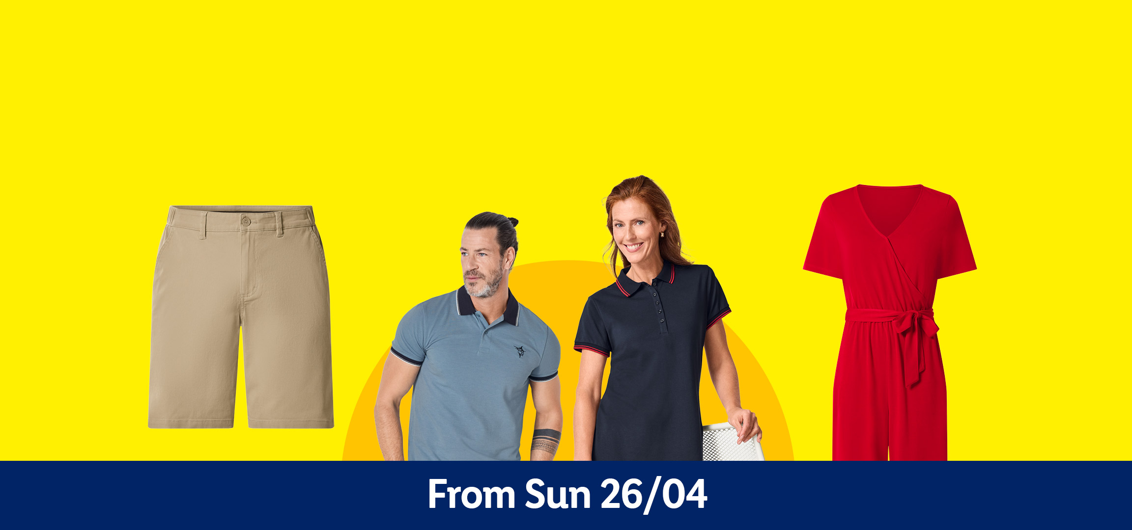 Men's and women's casual wear and shoes, including a red dress, on a yellow and blue background. From Sun 26/04.