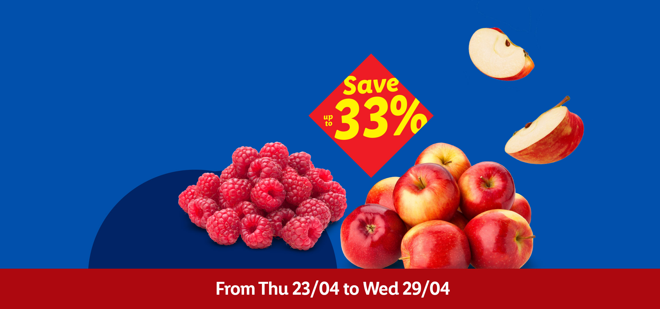 Strawberries, raspberries, and apples on a blue background with a 'Save up to 33%' offer.