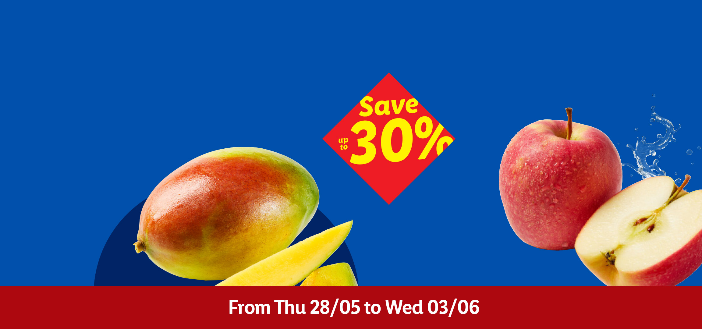 Tomatoes, mangoes, and apples on a blue background with a 'Save up to 30%' offer.