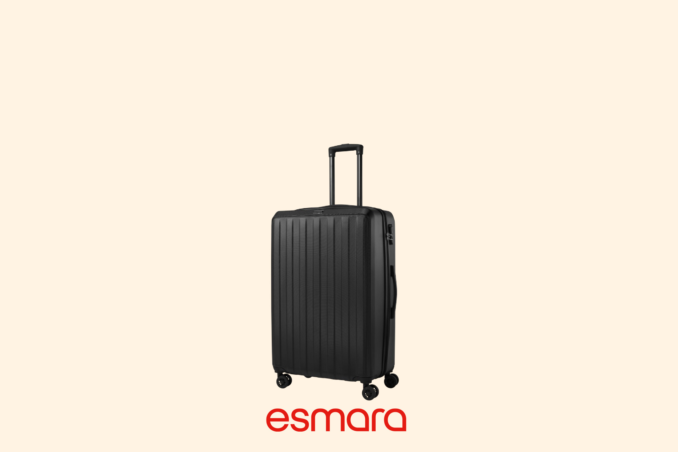 Black hard-shell suitcase with an extended handle and four wheels.