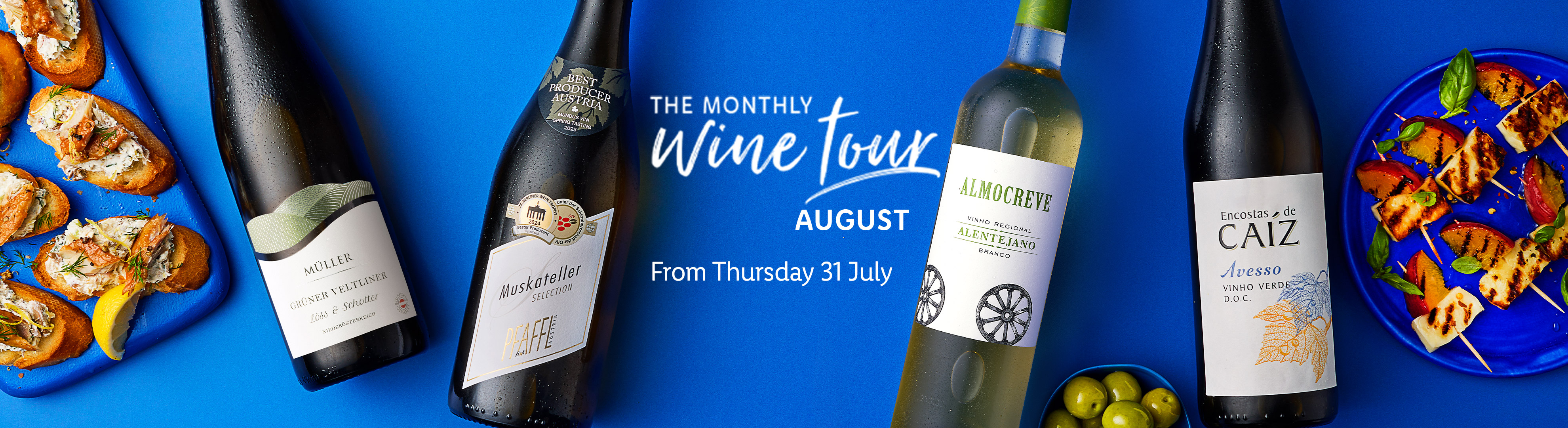 August's wine tour features Müller Grüner Veltliner, Almocreve Alentejano, and Encostas de Caíz Avesso wines.